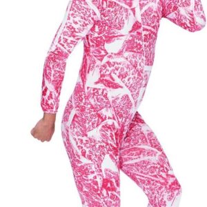 Man in full-body pink marbled tights posing with a clenched fist.